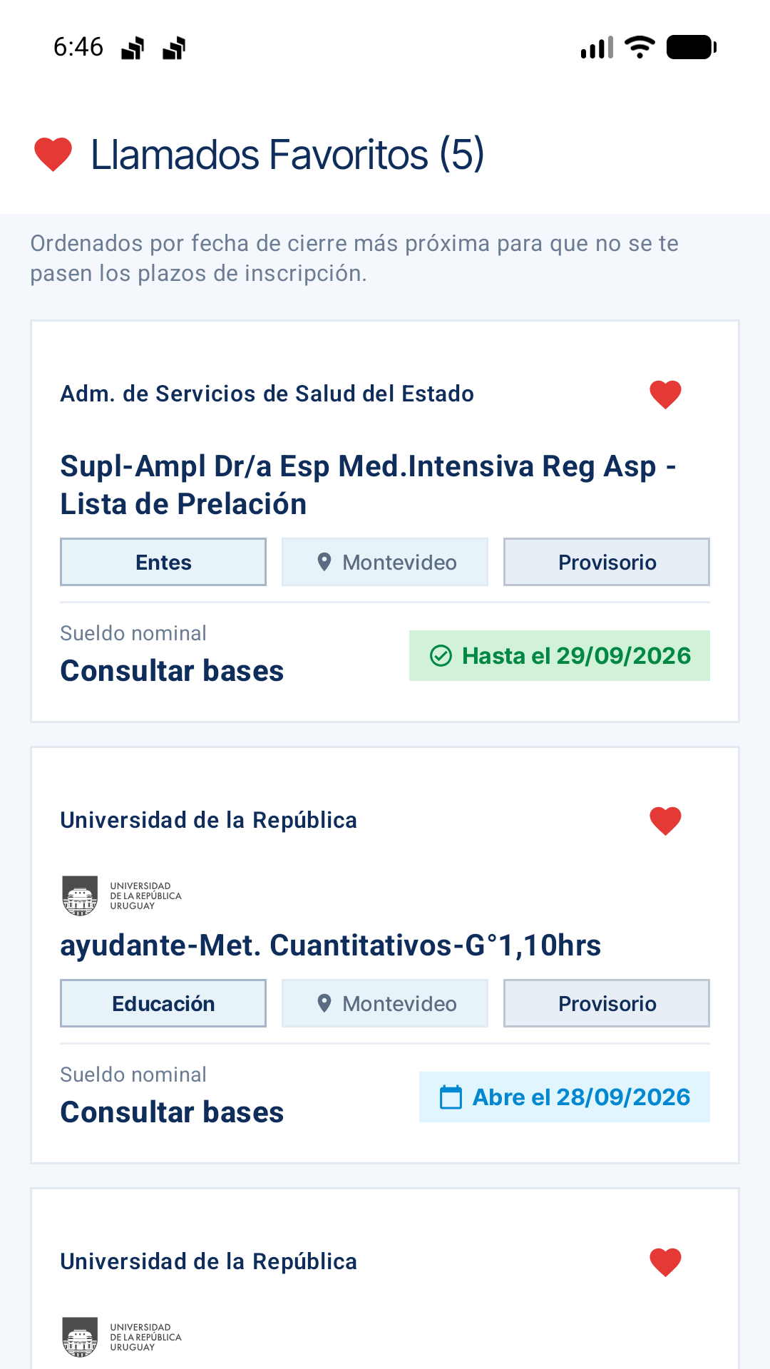 Pantalla de favoritos de la app Llamados Públicos Uruguay