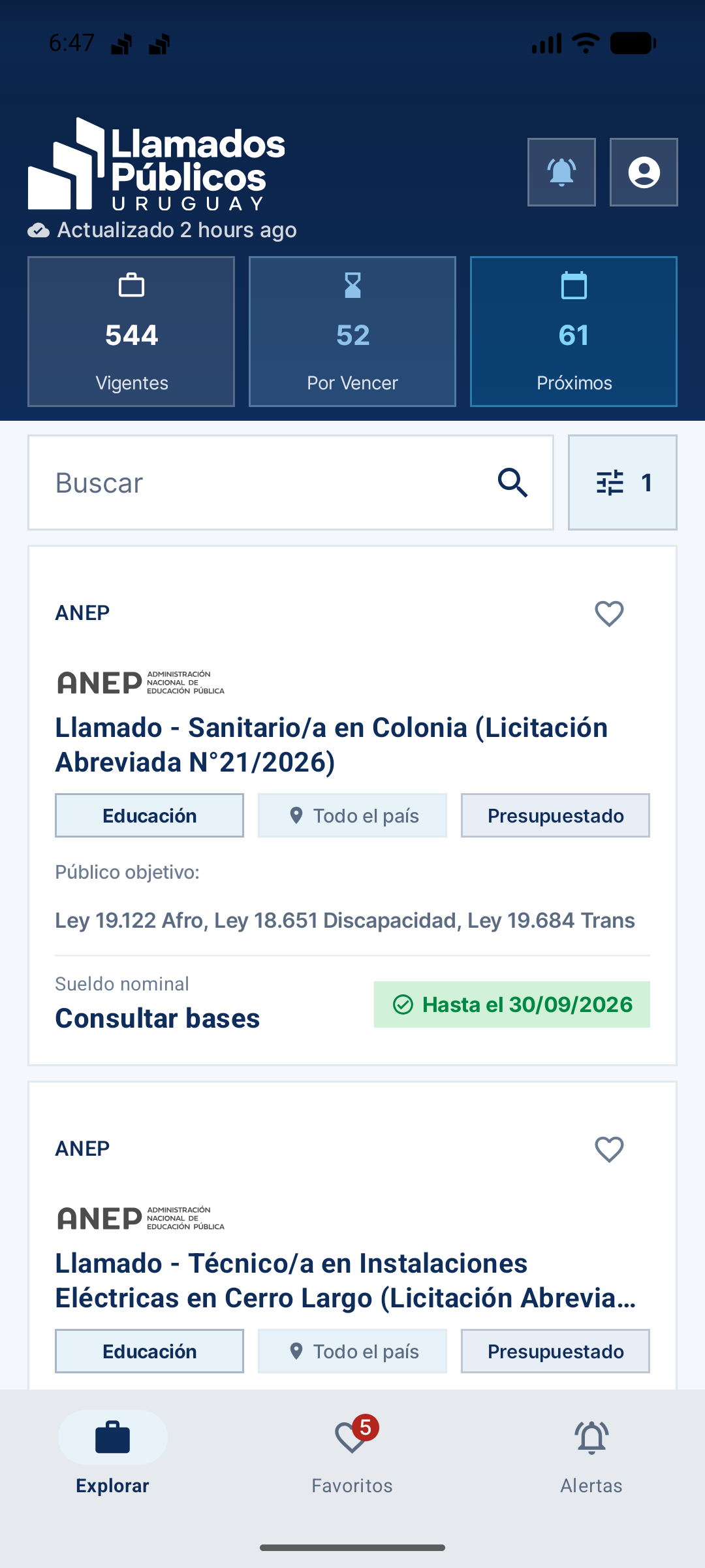 Pantalla principal de Llamados Públicos UY mostrando llamados laborales